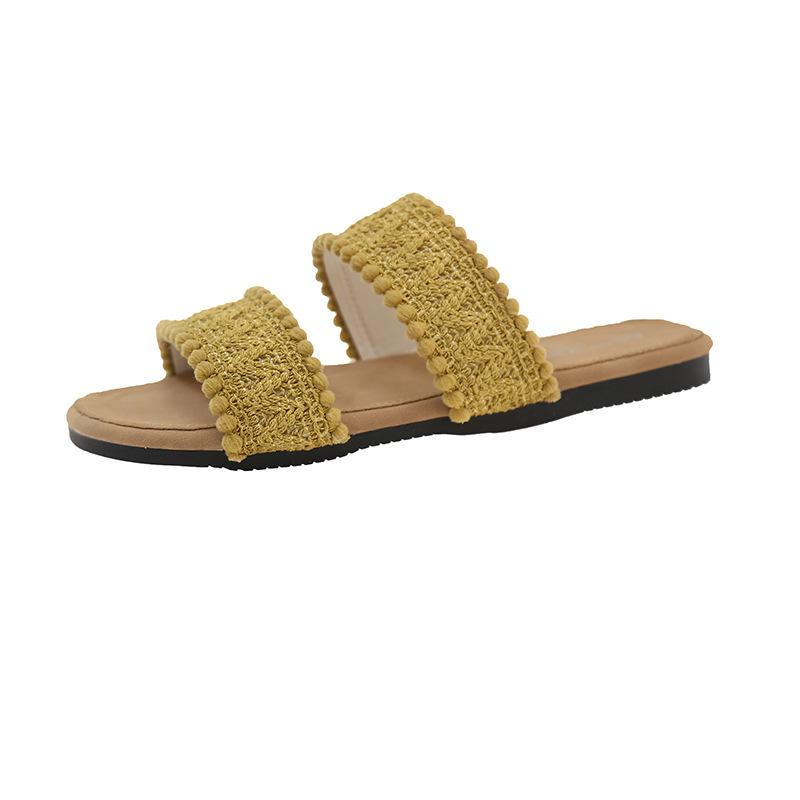 

Korean version of cool slippers seaside beach shoes one-word slippers women s flat bottom spring and summer 2025 soft-soled bohemian weaving 40 жёлтый