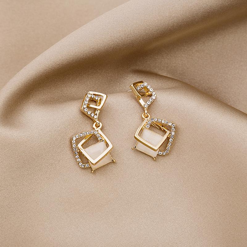 Geometric Square Earrings, Opal Diamond-Set Rhombus Temperament Trendy Stud Earrings.