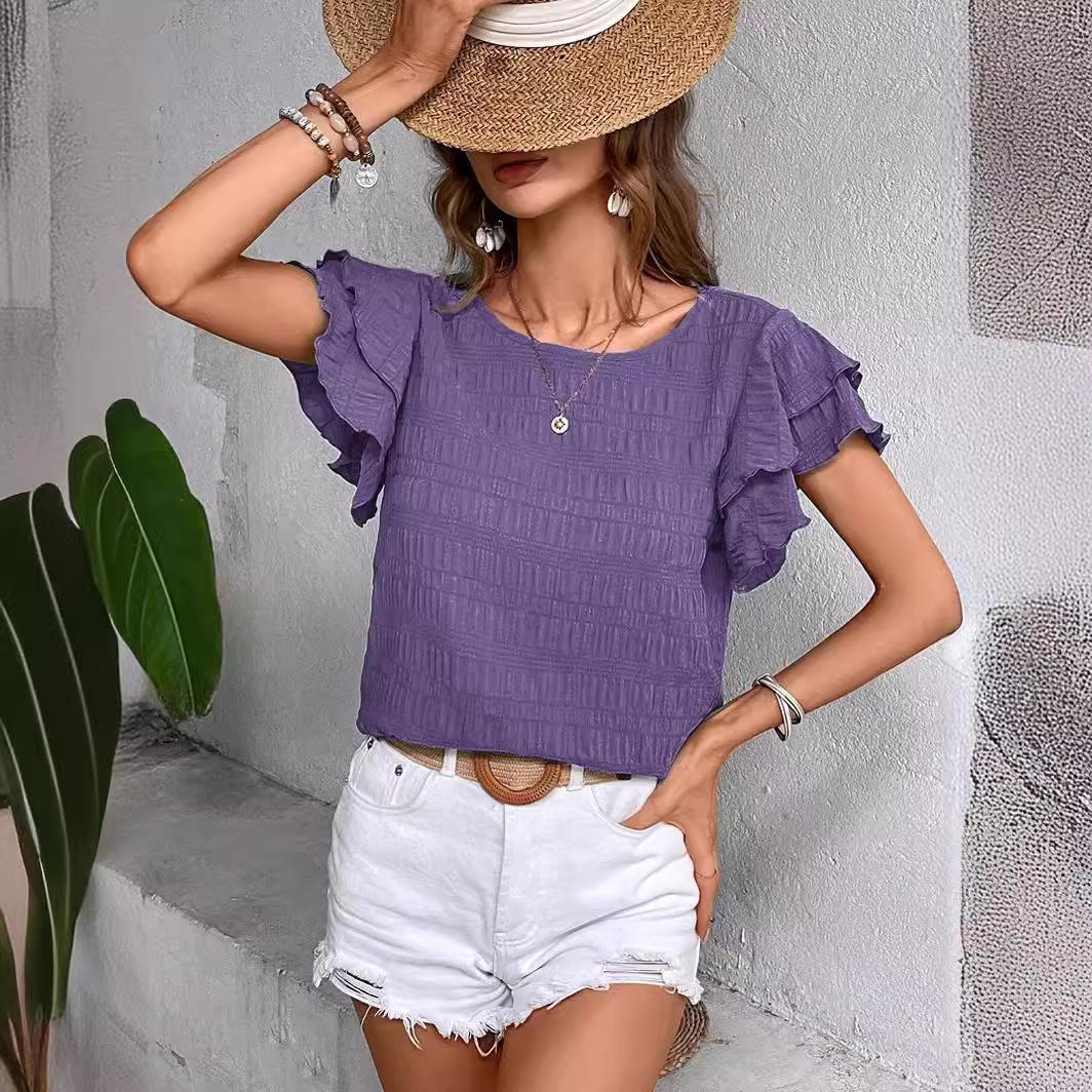 

Top Women Solid Color Blouses O-Neck T-shirts Casual Fashion Ruffle Sleeves Vintage Female Shirts Grace Summer Streetwear 2XL фіолетовий
