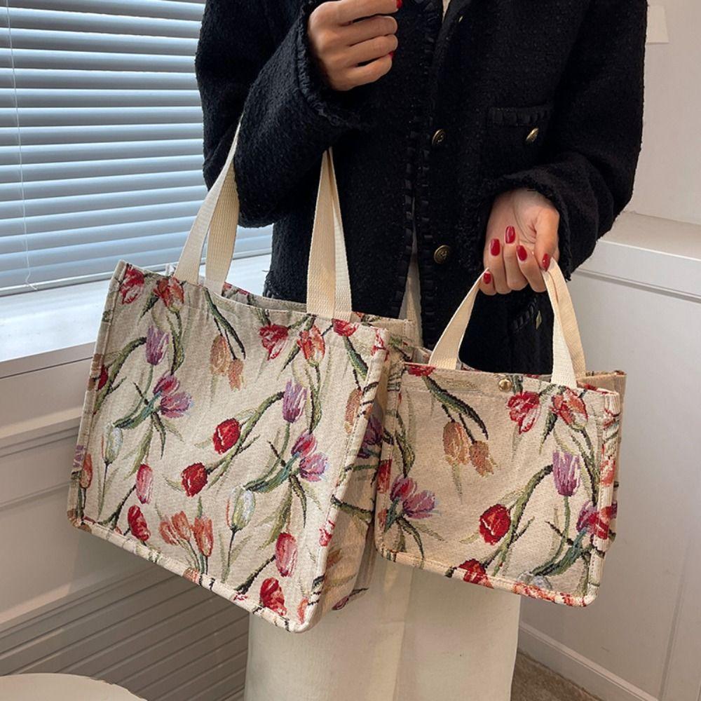 

Commute Flower Shoulder Bag Canvas Floral Handbag Simple Tulip Tote Bag Girls