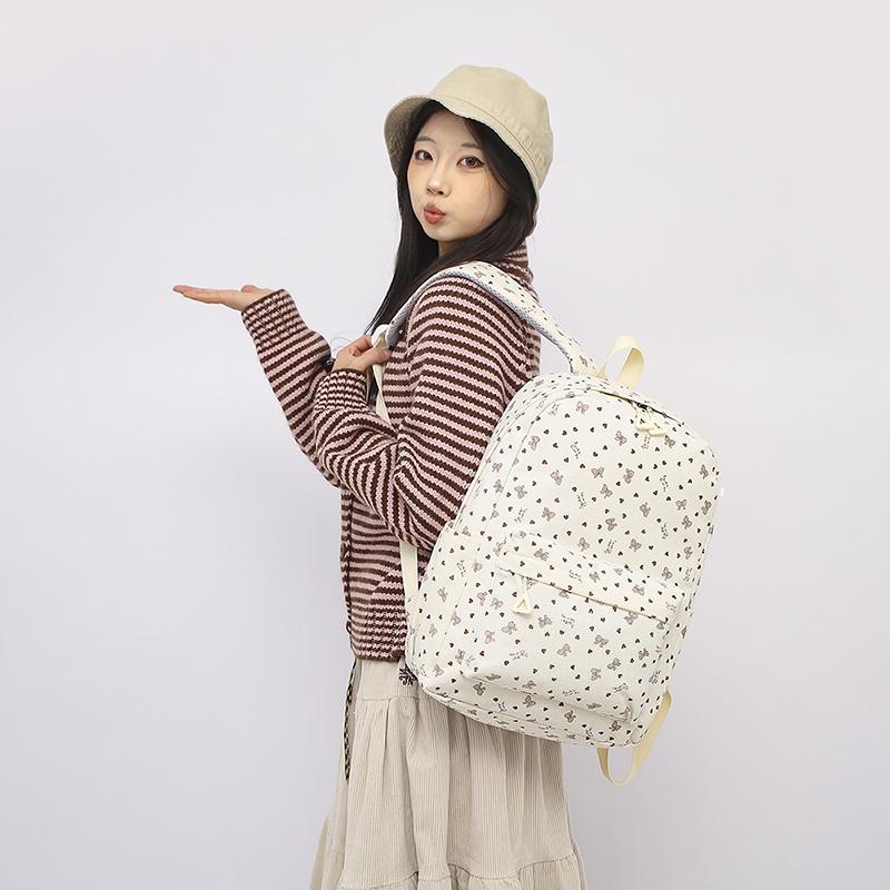 Three-Piece Backpack Set Bow Printed Corduroy Large Capacity Handbag Multi-Functional Backpack with Lunch Bag Pen Bag