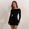 European & American Women's Autumn/Winter Solid Color Cutout Bowknot Slim Fit Long Sleeve Dress