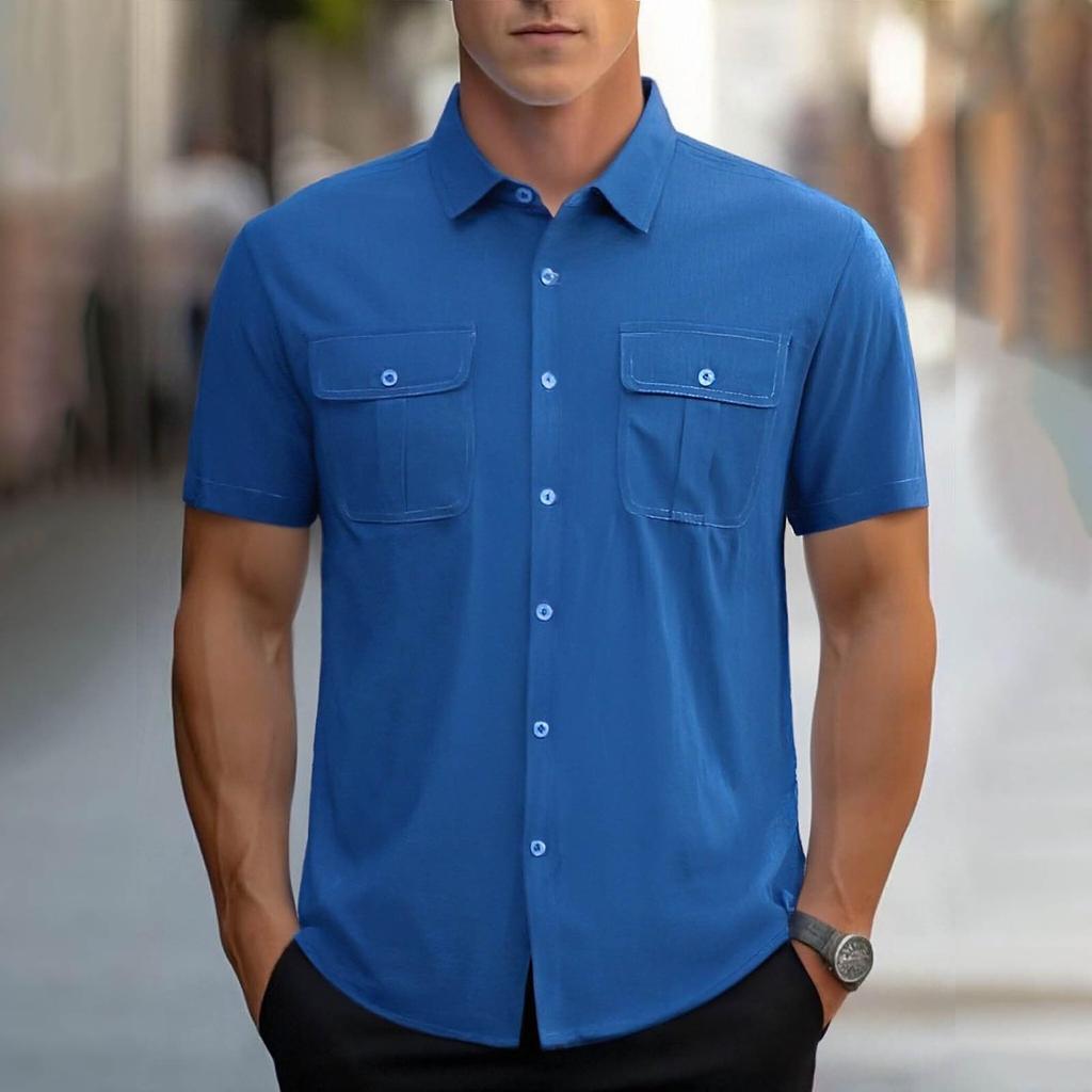 Men Short Sleeve Button Down Shirt with Dual Chest Pockets Classic Collar Casual Regular Fit Top for Everyday Wear