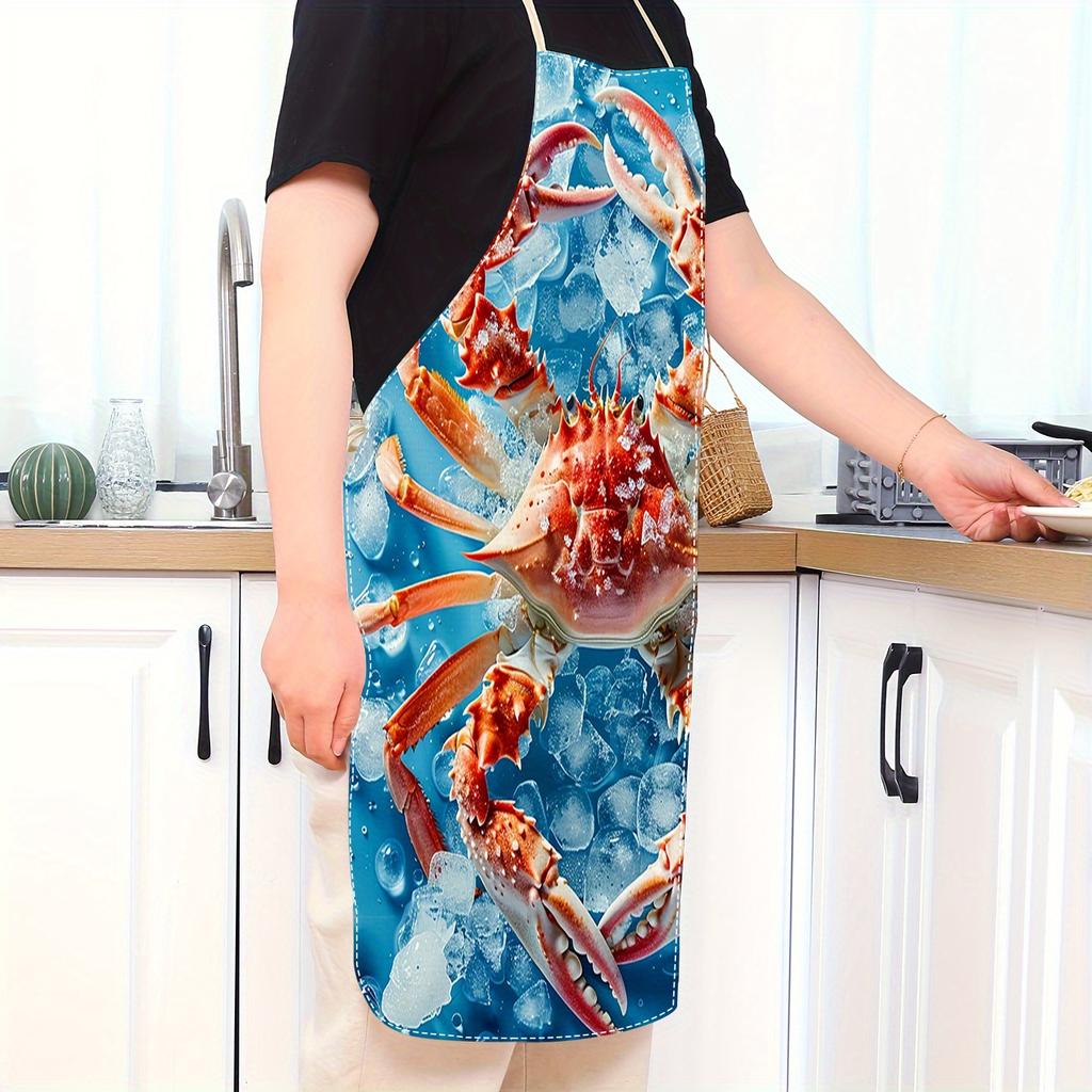 1pc Linen Apron Realistic Crab On Ice Seafood Lover Gift Kitchen Cooking BBQ Party Chef Accessory for Men Women