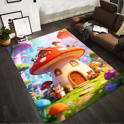 Fairy Tale Mushroom House Carpet with Cute Animals and Colorful Scenery Suitable for Use As an Anti-slip for Living Room Bedroom Sofas