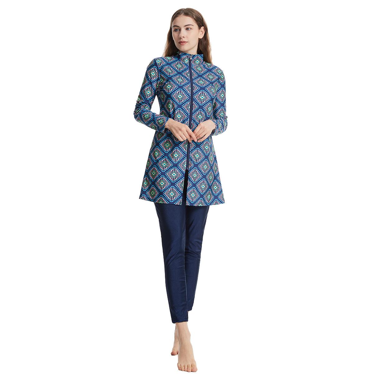 

S-3XL женский мусульманский купальник с длинным рукавом, купальный костюм с кепкой и принтом, купальник с полным покрытием, купальный костюм из 3 предметов, защита от солнца XXL синий