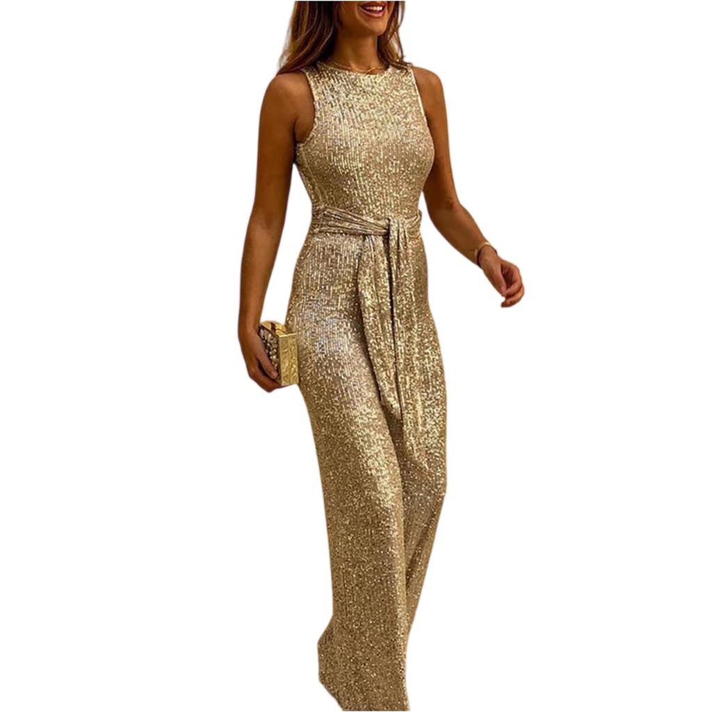 Tuta intera casual da donna senza maniche con paillettes e gamba larga