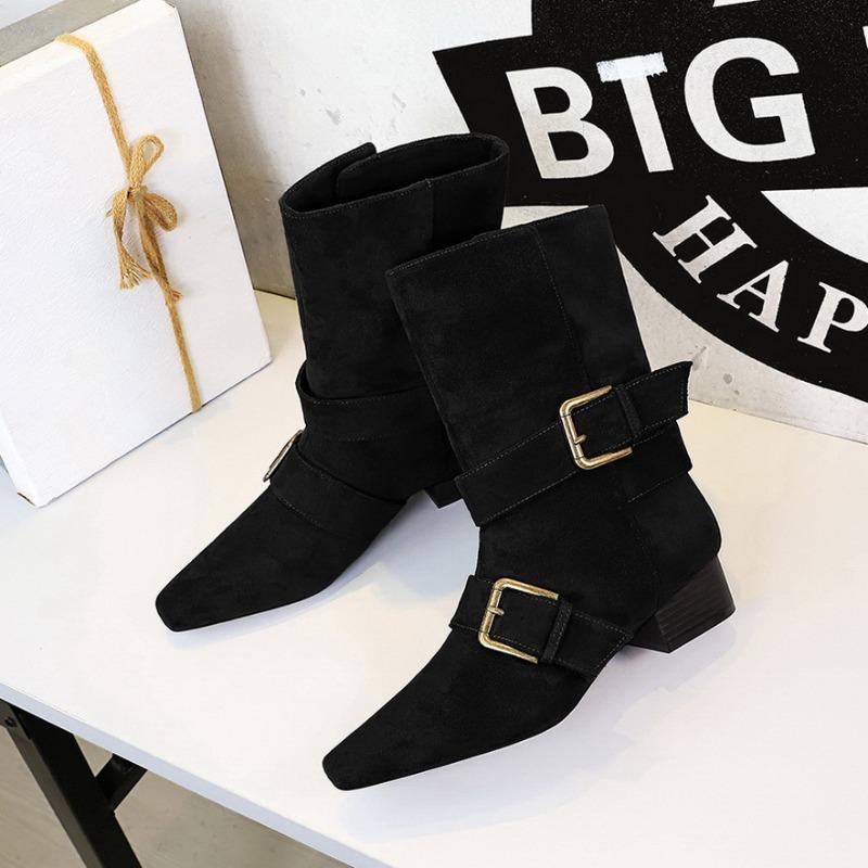 Retro Suede Women'S Boots Fashion Pointed Thick Heel Knight Boots For Women Designer Belt Buckle Women'S Shoes Botas Para Mujer
