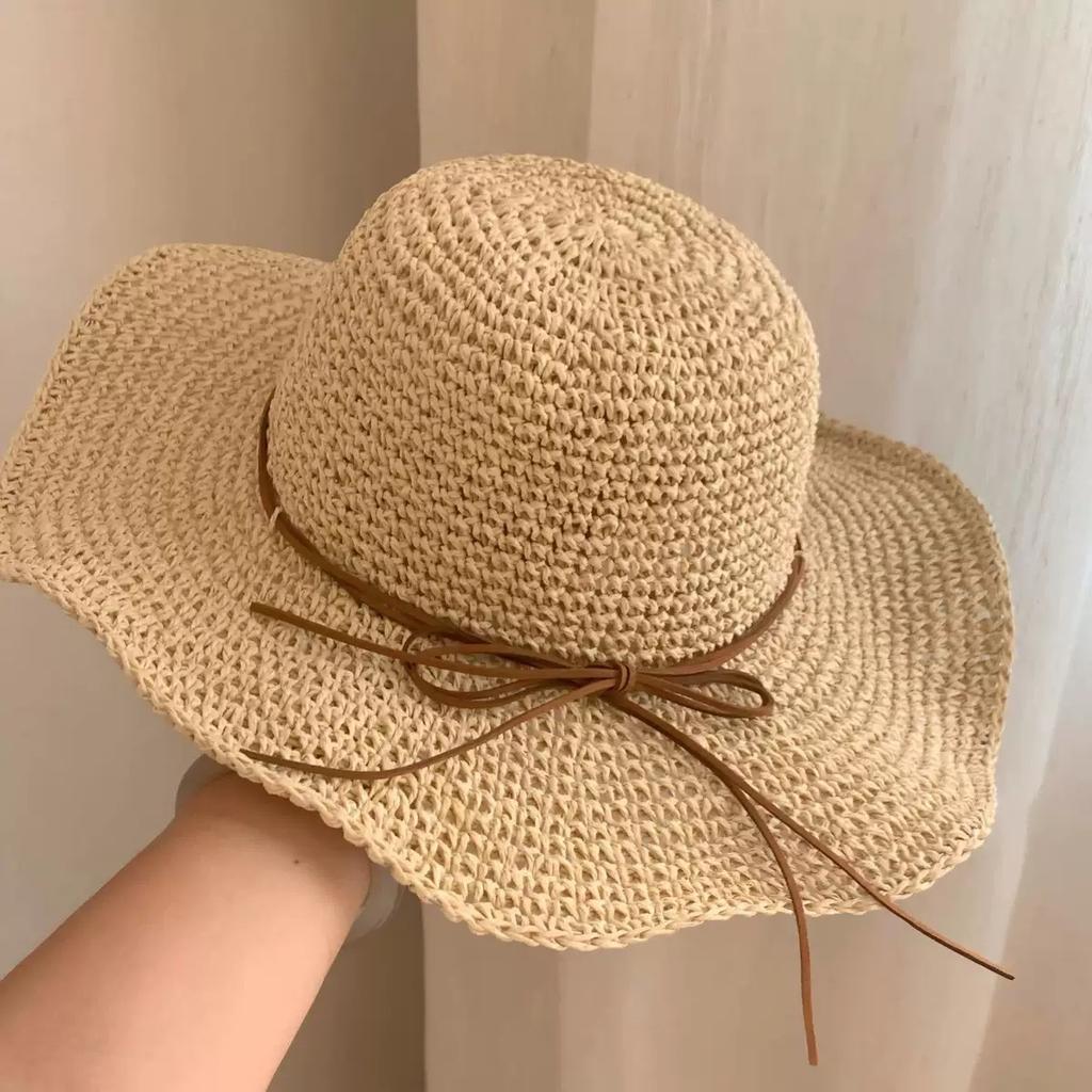 Holiday style straw hat bow fisherman hat children summer new seaside beach sun protection visor big brim woven grass