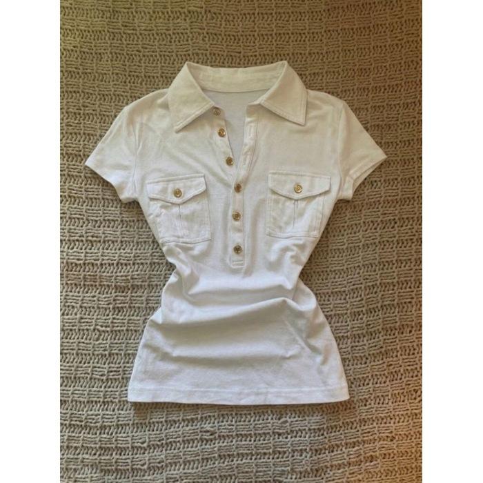 American Spice Girl lapel pocket front shoulder short-sleeved T-shirt women's summer new high street slim-fit versatile top