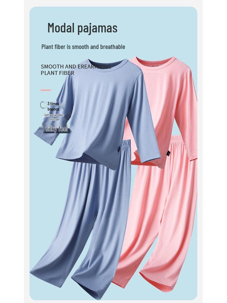 Dětské modální pyžamo - Letní lehké, kulatý výstřih, dlouhý rukáv a kalhoty pro chlapce a dívky.