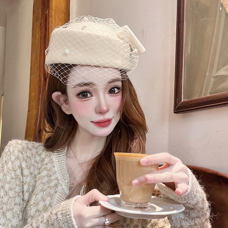 Black Stewardess Hat French Temperament Mesh Lace Woolen Hat British Berets For Women