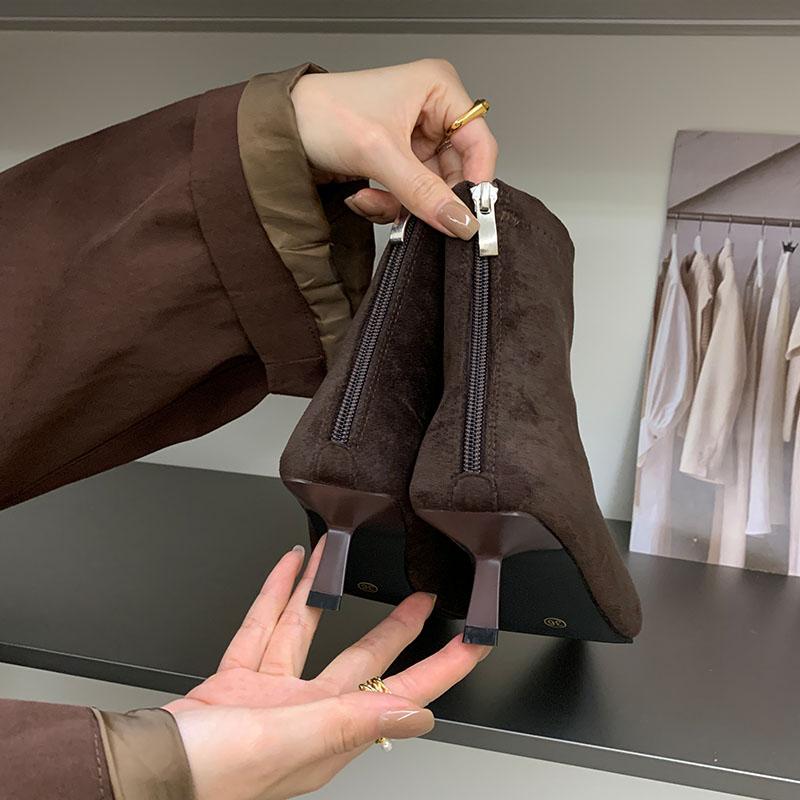 Fashion Pointed Toe Footwear Low Heel Ladies Ankle Modern Boots Female Zippers Fashion Flock Women Short Boots Pumps Shoes