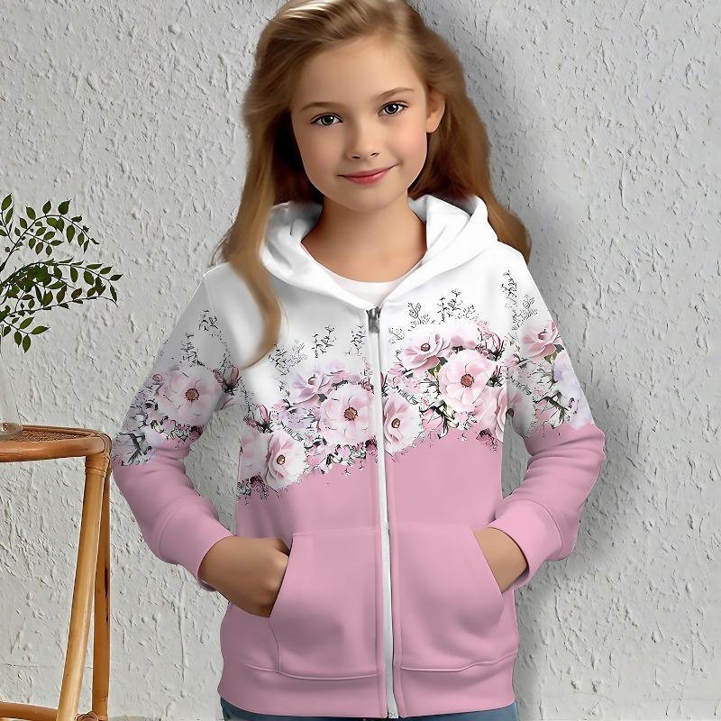 Girls  3D Floral Hoodie Coat Outerwear Pink Long Sleeve 3D Print Fall Winter Active Fashion Cute Kids 3-12 Years 100