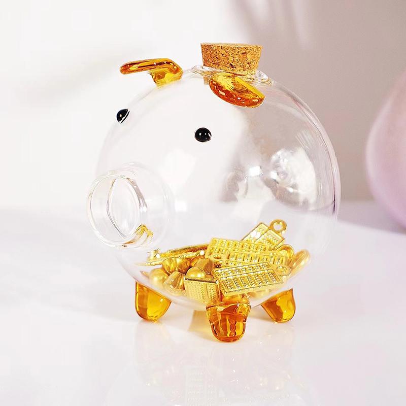 Cute Transparent Piggy Bank Glass Ornaments Golden Bean Storage, Animal Pig Money Saving Box Coin Box To Help Budget And Save