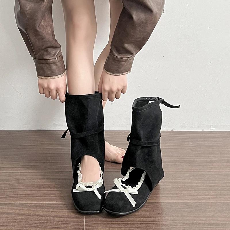 Fashion Cutout Cool Boots Women 2025 New Retro Sweet Round Head Bow Skinny Boots