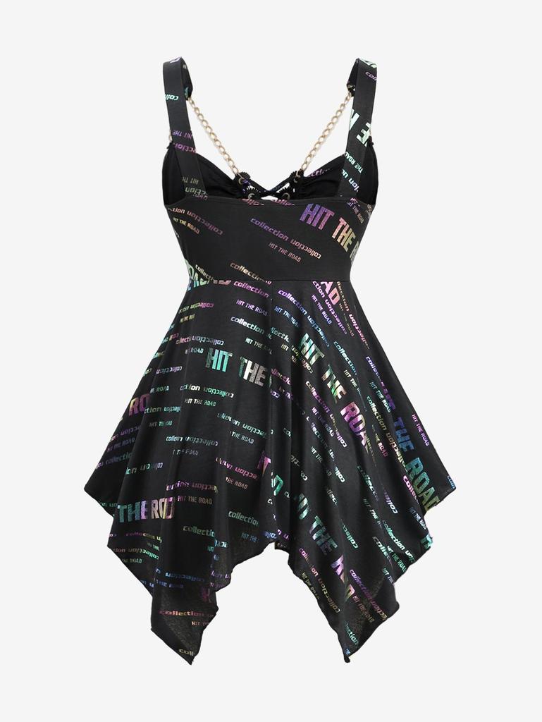 Rosegal  Plus Size Ombre Glitter Letters Print Lace Up Chain Backless Handkerchief Asymmetric Tank Top