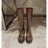 Horse skin grape mother same leather thick-soled but knee knight boots women's round head thin boots rear zipper boots