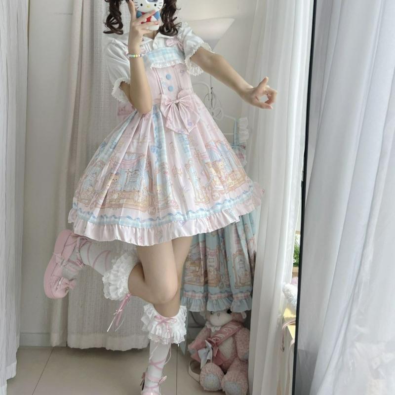 Japanese Sweet Lolita Jsk Dress Kawaii Lace Ruffles Bow Cartoon Print Slim Princess Dresses Girls Y2k Cute Tea Party Mini Dress