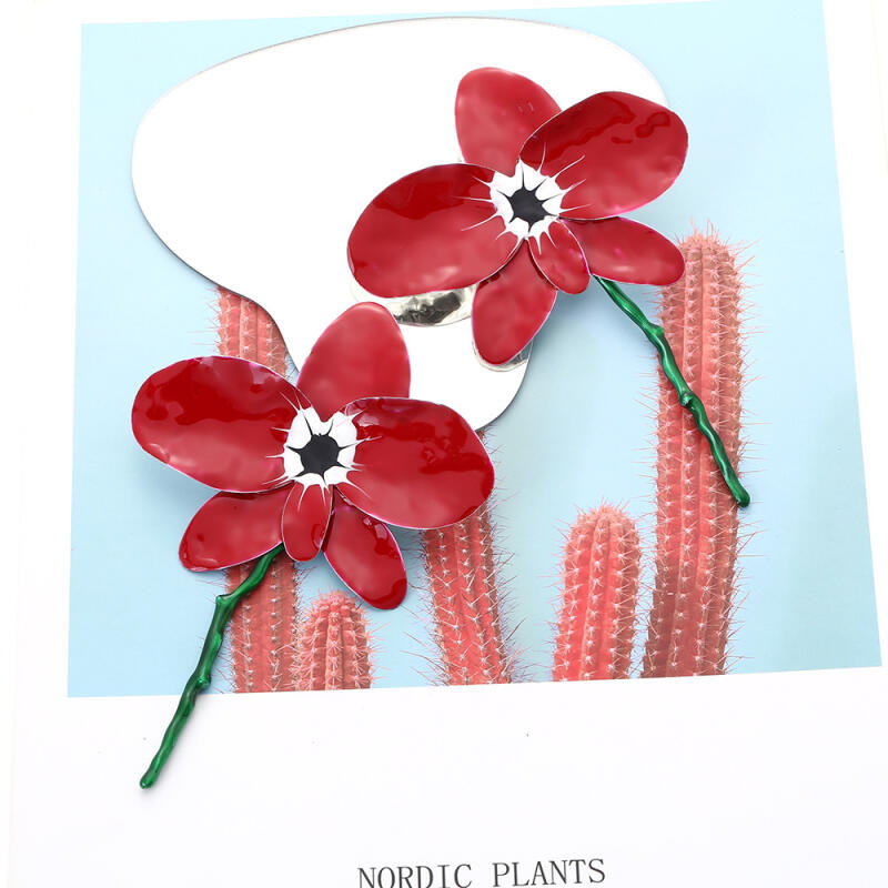 Exaggerated Red Metal Large Flower Drop Earrings for Women Ladies Europe and America Oil-Drop Enamel Petal Earrings Jewelry Gift