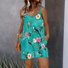 Womens Sleeveless Spaghetti Strap Romper Flowers Print Pocket Short Jumpsuit