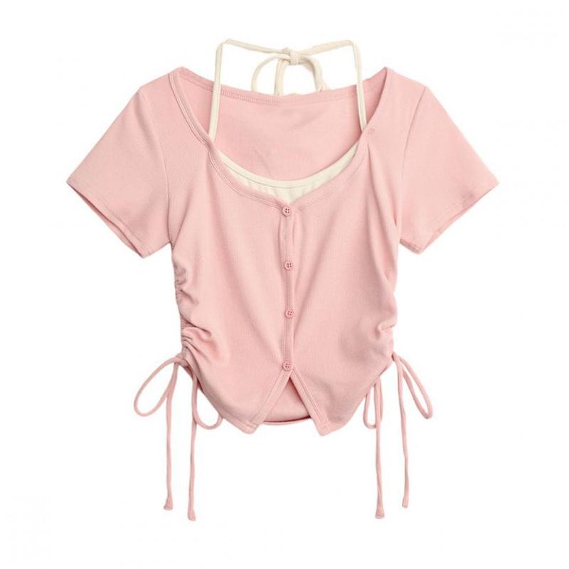

Короткая поддельная футболка из двух частей с завязками на шее и V-образным вырезом, футболка с короткими рукавами, корейская мода, женские топы L