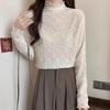 Half turtleneck, slim long-sleeved bottoming shirt, T-shirt for women, autumn and winter lace fungus edge, velvet and thickened layered inner top