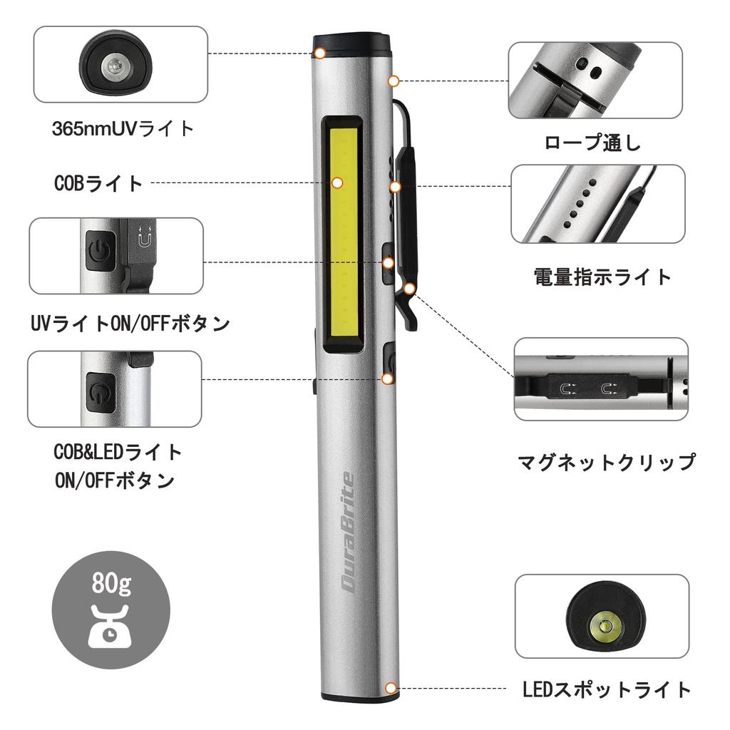 DuraBrite Handheld LED COB 365nm UV USB Kompakt und Ideal für Mineralien und Fluoreszierende Aufheller Grau Taschenlampe, Taschenlampe, Stiftlampe, Flutlicht,