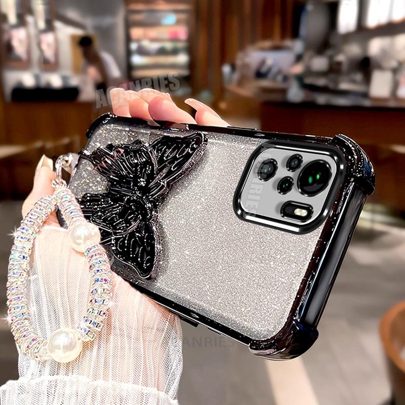 Note10s Lanyard Plating Butterfly Holder Silicone Case For Xiaomi Redmi Note 10 Pro 10s 10pro 4g Shockproof Stand Cover Note10