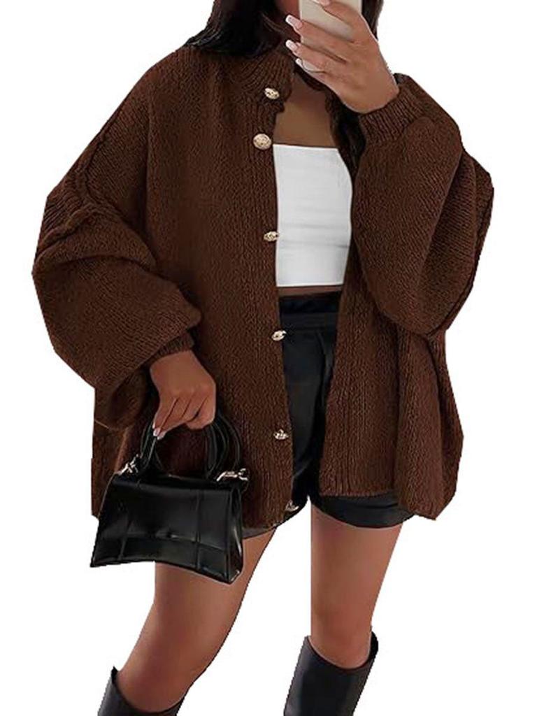 Autumn/Winter Solid Color Knit Button Cardigan with Large Sleeves - Casual Style