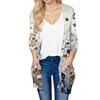 Women's Fashion Loose Casual Pocket Printed Cardigan Seven Sleeve Jacket Top