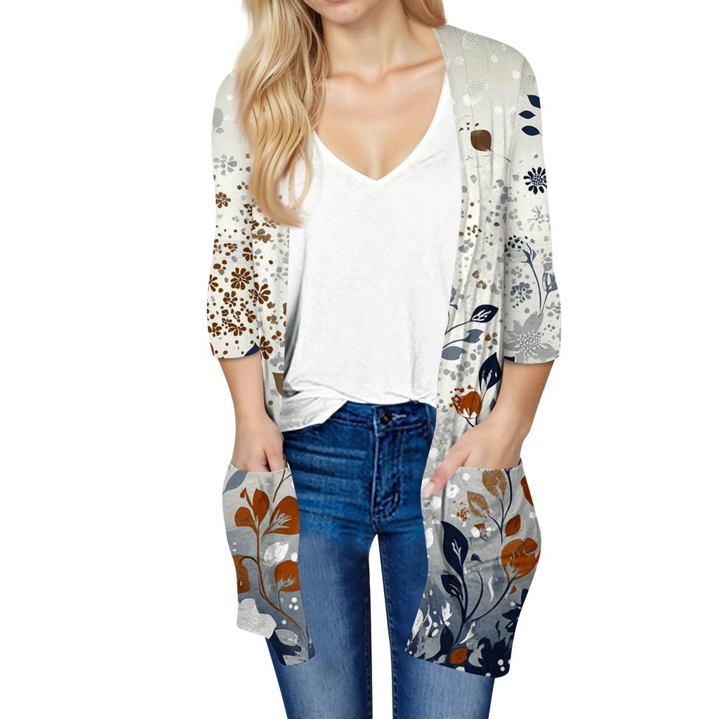 Women's Fashion Loose Casual Pocket Printed Cardigan Seven Sleeve Jacket Top