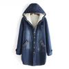 Dam Tjock Hooded Mellång Midja Denim Bomullsvadderad Jacka Fleece Bomullsvadderad Jacka