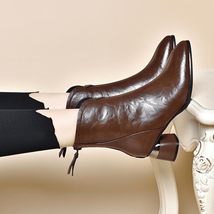 Pointed short boots women's thick heel autumn and winter velvet women's shoes medium heel high heels brown Martin boots women's