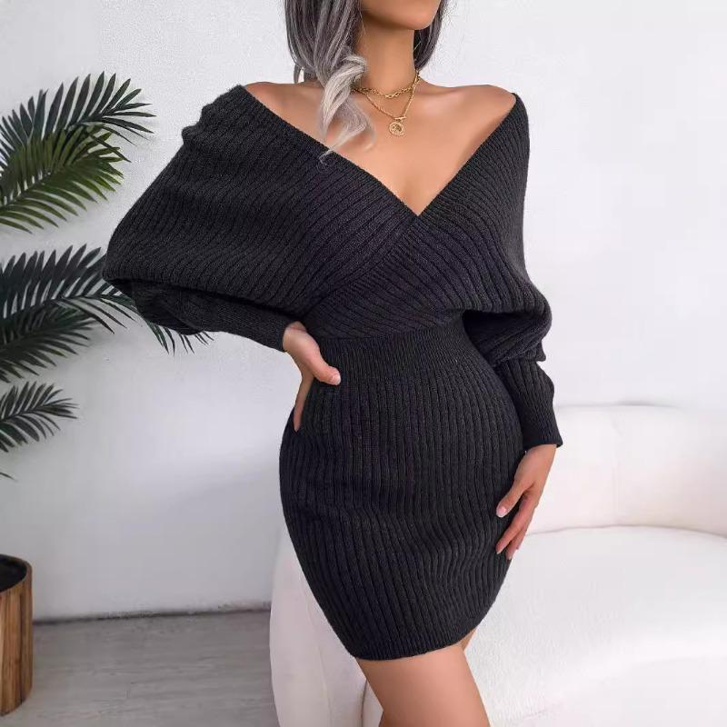 Solid Color Sexy Cross V Neck Batwing Long Sleeve High Waist Bodycon Pencil Mini Dress For Women