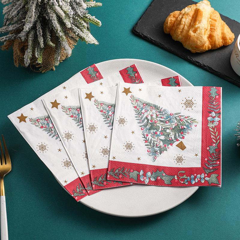 Red-Edged Colorful Christmas Tree Printed Paper Napkins - Party Gathering Square Soy Ink Napkins