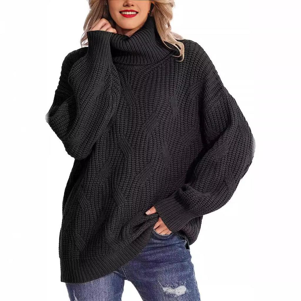 2026 Autumn/Winter Women's Loose High Neck Cable Knit Sweater Pullover