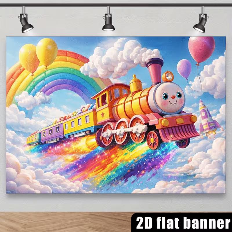2D Rainbow Cloud Cartoon Train Backdrop Ball Rocket Kids Birthday Photo Banner
