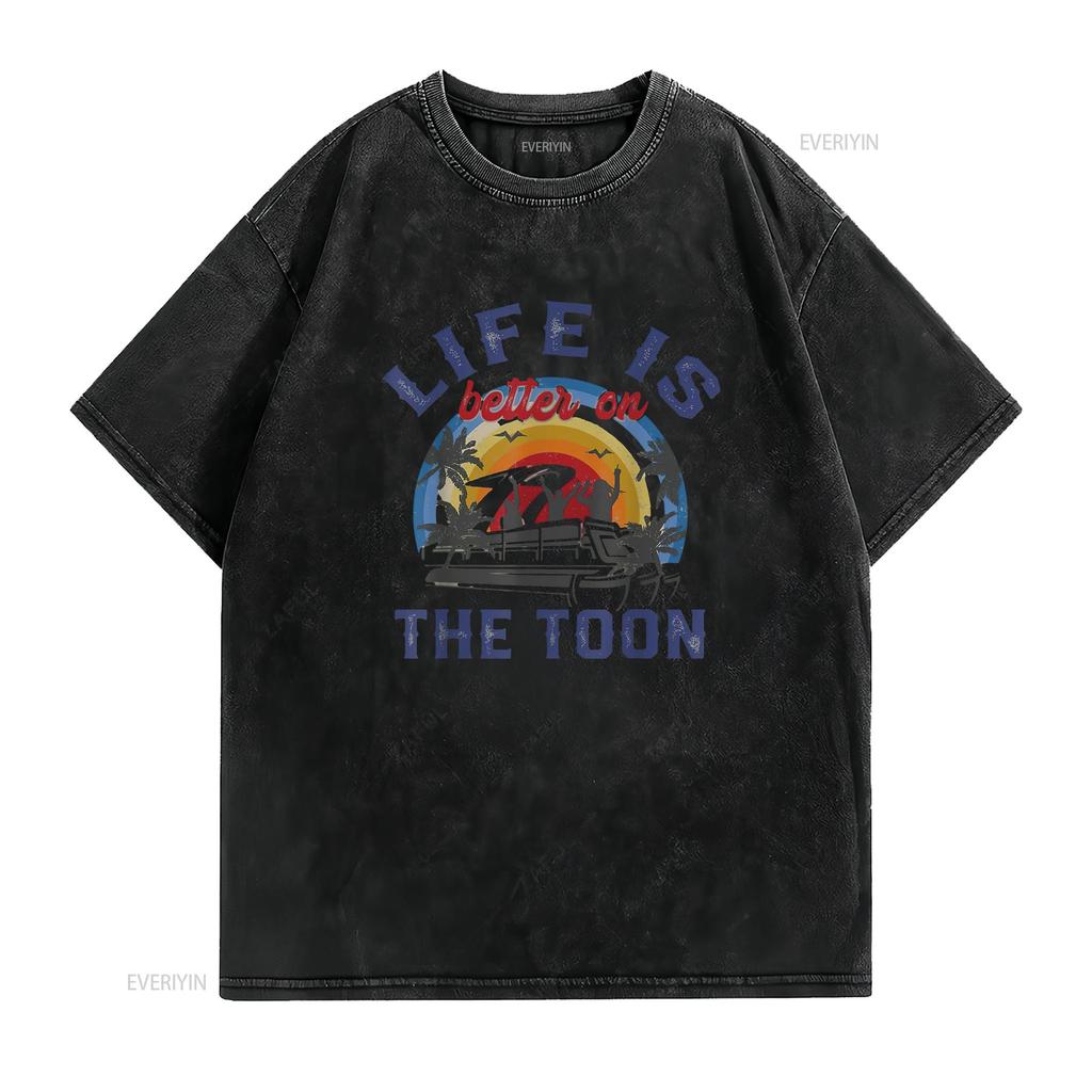 Womens Life Is Better On The Toon Funny Pontoon Boat Boating T Shirt Black 2XL vintage Washed Unisex homme Slightly Casual