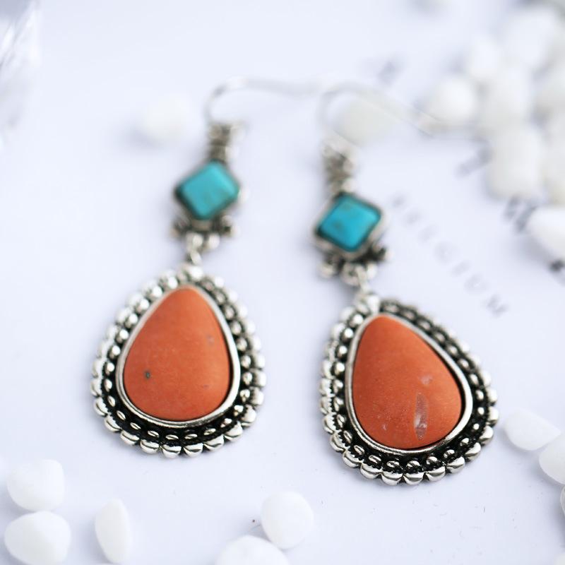 Huajie Retro Ethnic Style Pendant Earrings Colorful Inlaid Stone for Women Water Droplets Earrings  Trend