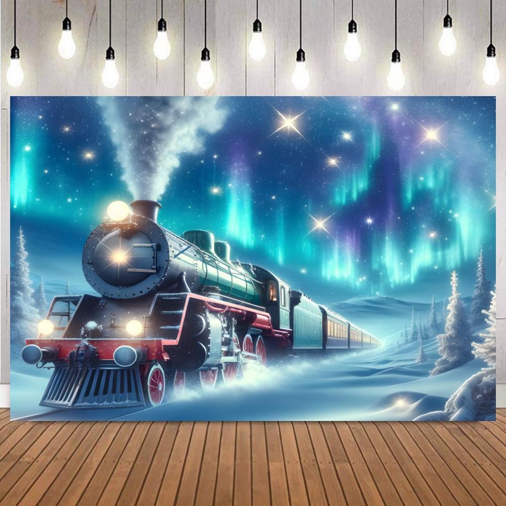 Merry Christmas Train Theme Photography Backdrop Snow Forest Xmas Tree Starry Night Birthday Party Decor Photo Background Prop