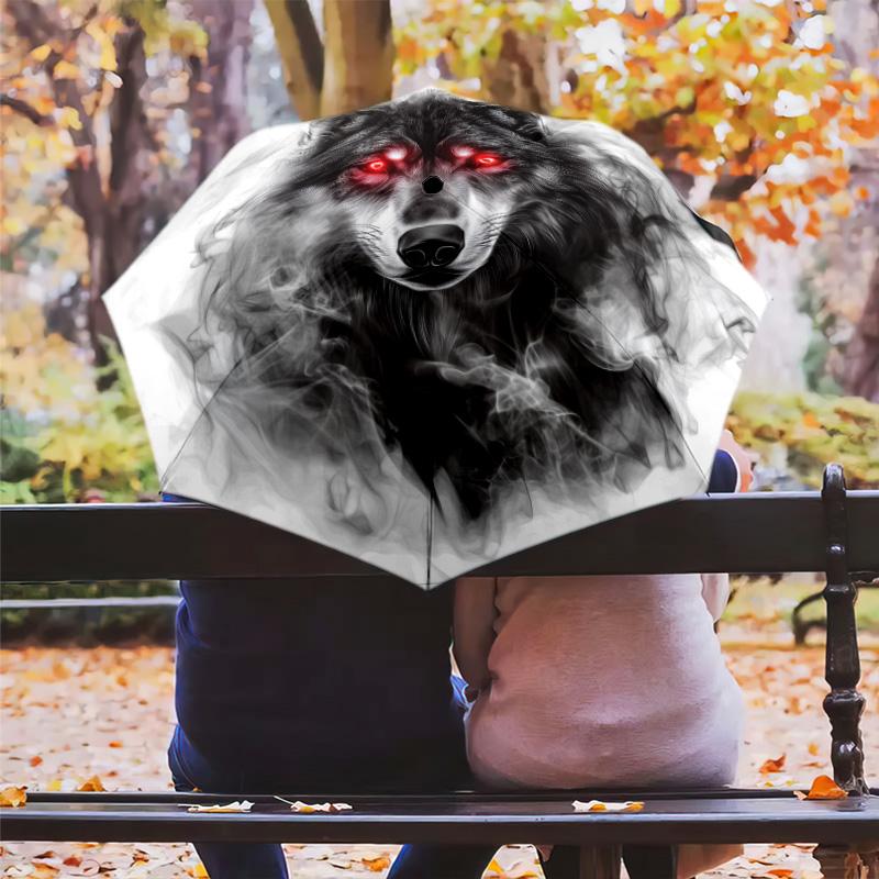 Rauchwolf-Muster, automatisch faltbarer Regenschirm, tragbares und faltbares Design, 8 Speichen, ein Weihnachts- oder Geburtstagsgeschenk.