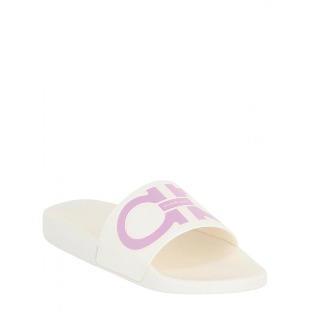 Salvatore Ferragamo Groovy Dual Gancini Slides White