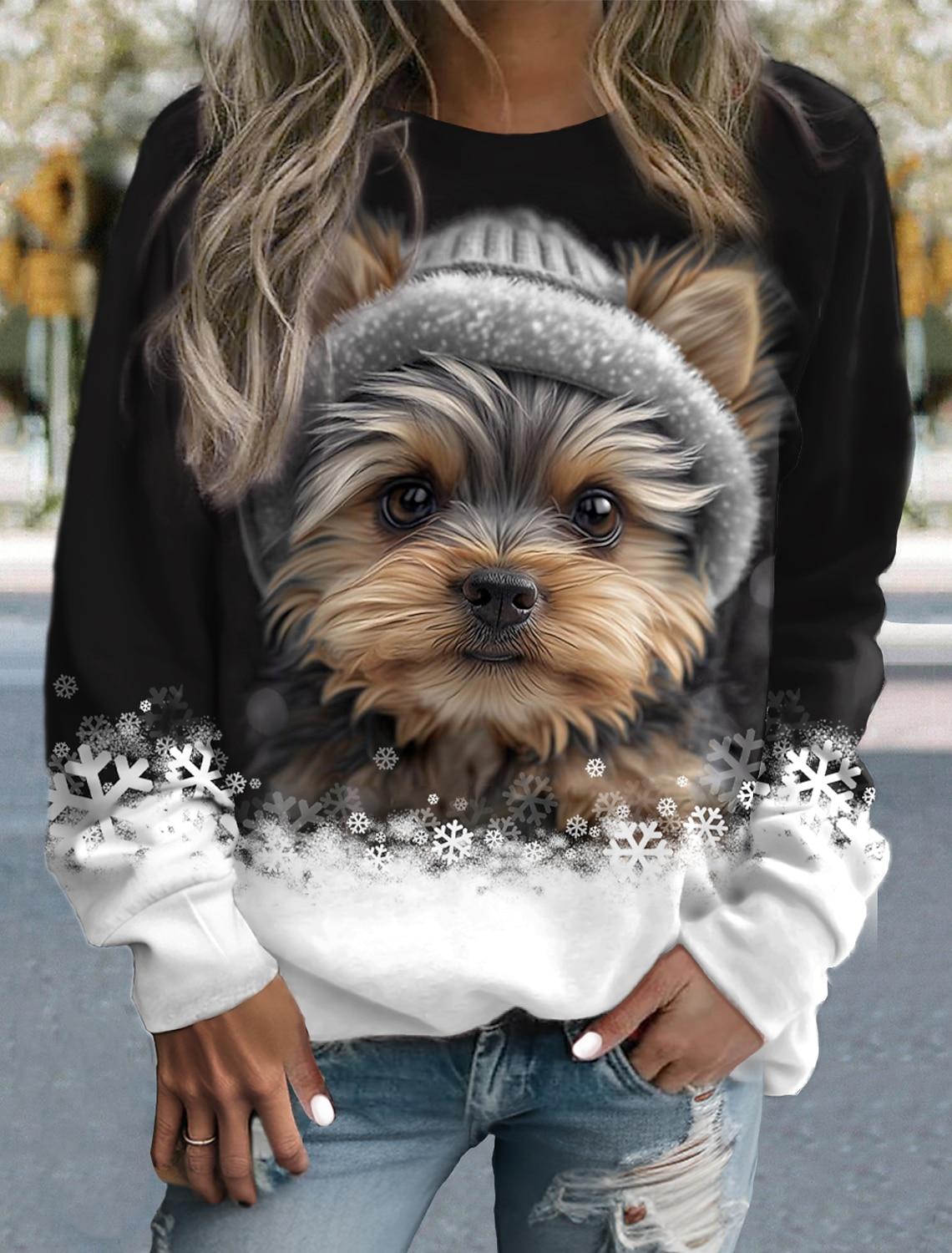 

Женский пуловер большого размера, свитшот, мода с собаками, повседневная спортивная футболка, активная спортивная одежда, 3D-принт, круглый вырез, длинный рукав, топ, женская одежда L