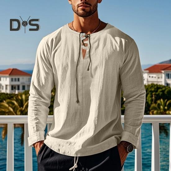 Pánské bavlněné tričko s dlouhým rukávem a výstřihem do V, volné tričko, jednobarevné, letní, ležérní, pro denní nošení, pouliční, párty, plážové