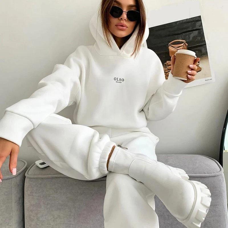 

Женский спортивный костюм, повседневный, с капюшоном и принтом букв, костюмы, весна-осень, толстовки с капюшоном и длинные брюки, комплекты из двух предметов XS белый