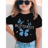European sizes Summer Fashion Girls' Short-Sleeve T-Shirt BUTTERELY Three Blue Bow Small Butterfly Element Cartoon Pattern Print Casual Versatile Top