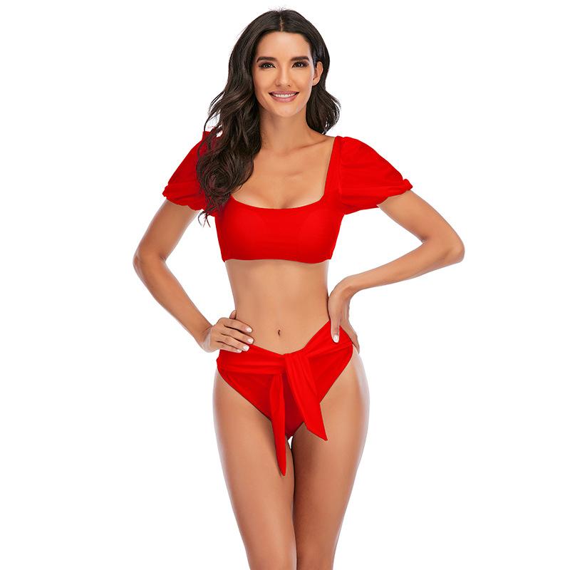 Women bubble sleeve bikini one neck swimsuit solid color sexy backless high elastic high waist tied bikini swimsuit