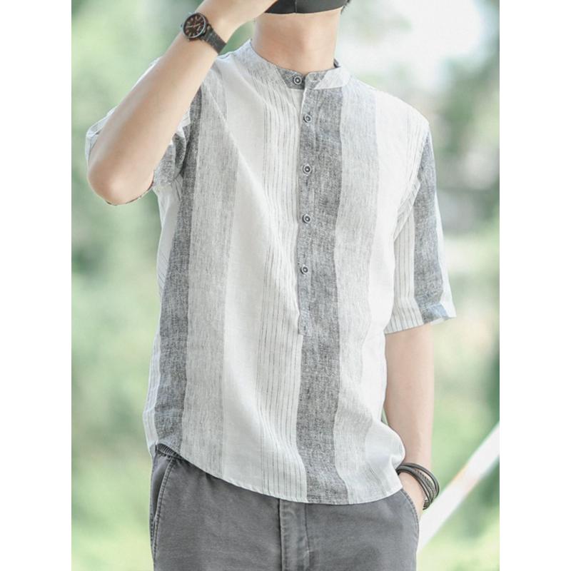 Striped Linen All Match Short Sleeved Men's Shirt Summer New Item, Thin Cotton Linen Breathable Loose Collar Casual Top