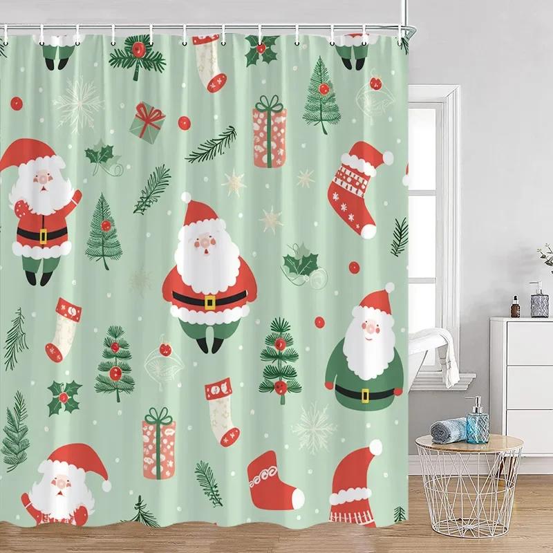 Pink Christmas Snowman Shower Curtains Winter Forest Watercolour Art Xmas New Year Home Bathroom Curtain Decoration With Hooks